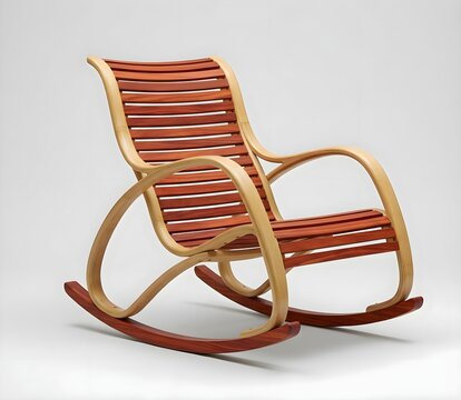 Modern ergonomic rocking chair in steam bent bamboo and Lao padauk wood
