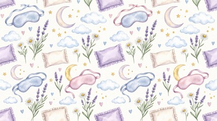 Naklejka premium Watercolor sleep pattern with lavender and pillows. Cute night rest background design.