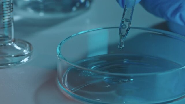Pipette dispensing liquid drop into petri dish in laboratory