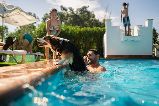 Family enjoying summer vacation with dog in swimming pool