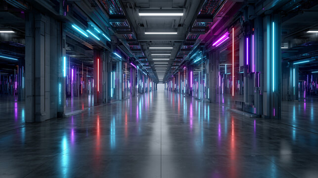 Metaverse tunnel nft environment corridor futuristic industrial corridor with glowing neon blue and purple lights reflecting on polished concrete floor