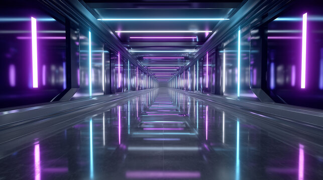 Metaverse tunnel nft environment corridor futuristic corridor with glowing neon lights and reflective floor in dark sci-fi tunnel environment