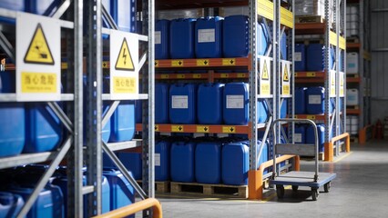 Naklejka premium Industrial logistics facility with organized blue chemical containers on shelving and transport cart.