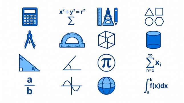 Set of Blue Mathematics and Geometry Icons and Symbols