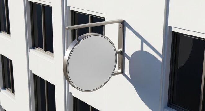 Blank circular signage mounted on a white building wall with dark window frames