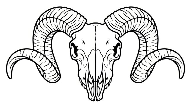 Ram skull illustration with large curved horns