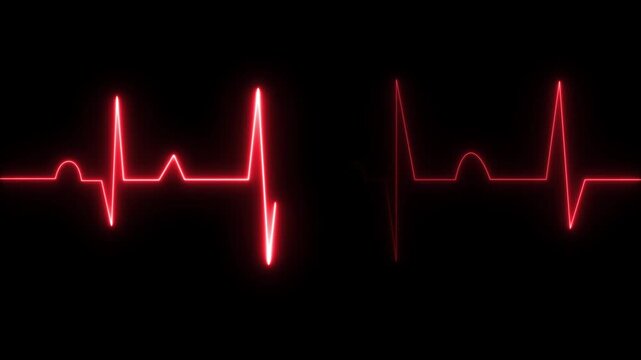 Neon heartbeat and monitor animation, red heart beat line animation on black background with flatline heart rate pulse