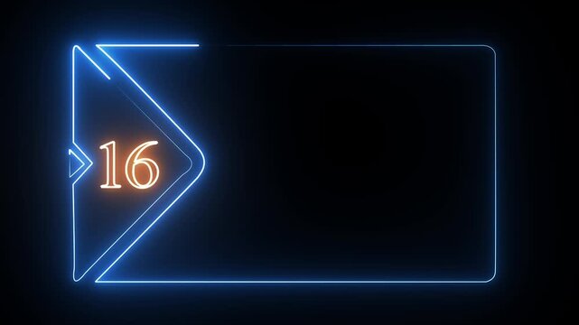Number sixteen inside a glowing blue neon frame on a dark black background