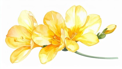 Fototapeta premium Elegant watercolor illustration of a blooming yellow freesia flower isolated on a clean white background.