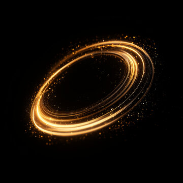 Golden glowing light ring swirl on black background. Abstract gold light streaks frame with sparkles and glowing particles. Magic portal energy, Bright yellow and gold light streaks