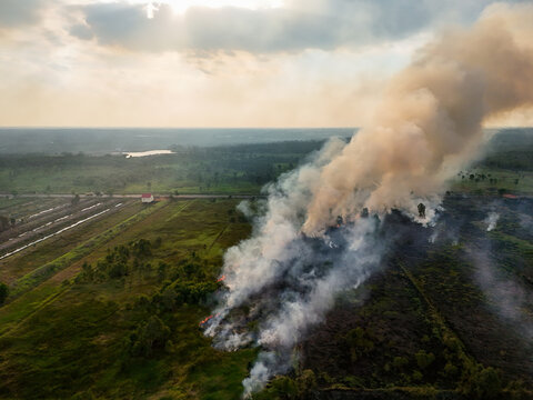 Aerial view of a wildfire burning in a rural field with thick smoke rising into the sky over the landscape in Banjarbaru, South Kalimantan, Indonesia.
