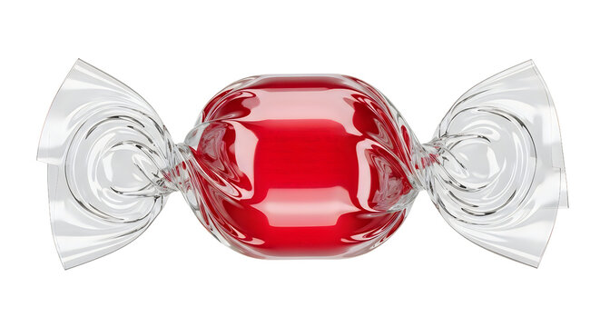 A single red candy wrapped in shiny clear plastic foil