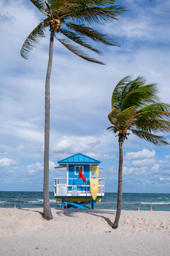 red flag on Colorful lifeguard tower on Miami Beach 