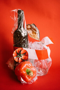 Colorful arrangement of food items and bottle