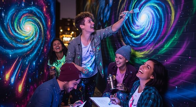 Group of friends enjoying nightclub dance floor.