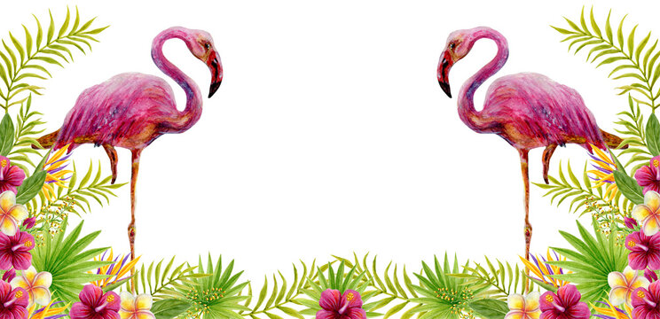 Tropical flowers frame with pink Flamingo. Floral tropics ornament. Watercolor painting with Hibiscus flowers and palm leaves. Tropic composition.