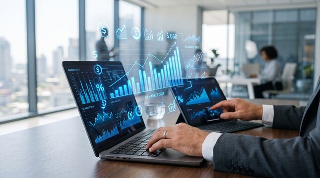 Finance and data analysis. Businessman doing investment and financial analytics utilizing technology and data strategies to optimize business growth and navigate economic trends