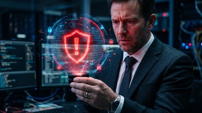 Warning alert icon with a hacked system. malicious software, virus, spyware, malware, or cyberattacks on computer networks. Security on the internet and online scam. Digital data is being compromised.