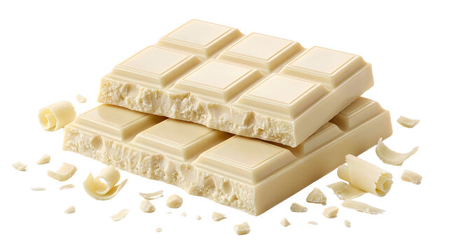 Two pieces of sweet white chocolate bars stacked with small broken crumbs