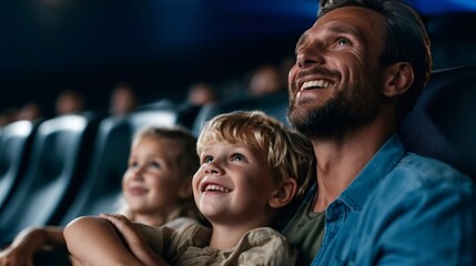 Fototapeta premium Family watching movie at cinema enjoying entertainment together