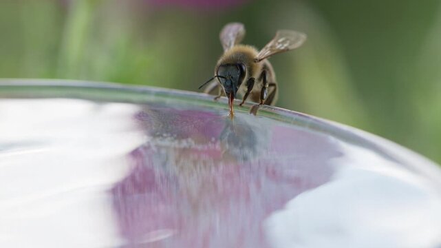 honey bee rests on a bowl with shallow water with sunlit stripes and folded wings capturing a quiet moment of hydration and survival in a harsh urban setting