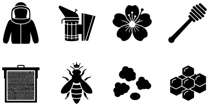 Beekeeping Icons Set: Beekeeper Suit, Smoker, Honeycomb, Bee, Flower, Honey Dipper, Apiary Equipment, Vector Graphics