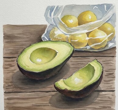 avocado,Watercolor Avocado Still Life Painting with Lemons, Fresh Fruit Botanical Illustration, Rustic Kitchen Art, Hand Painted Food Artwork, Printable Wall Art for Adobe Stock and Etsy
