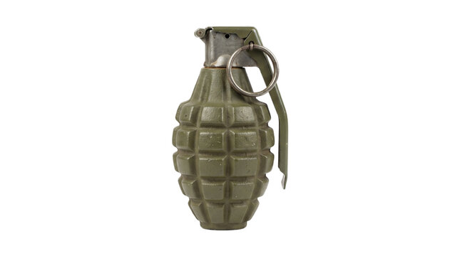 Military hand grenade with steel safety pin and handle mechanism for defense isolated on transparent background.