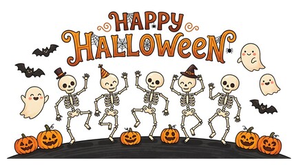 Fototapeta premium Fun cartoon skeletons dancing with pumpkins and bats for a festive halloween day special celebration graphic design element