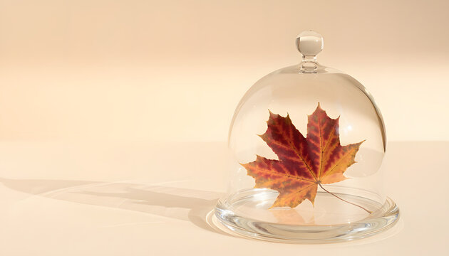 Vibrant autumn maple leaf preserved under a glass cloche dome on a neutral background representing seasonal protection and nature conservation