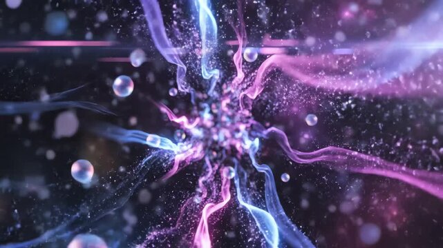 abstract light trails and bubbles in nebula space background with purple and blue energy