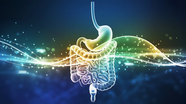 Human digestive system anatomy illustration with glowing lights