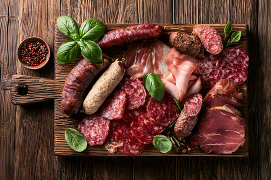 A selection of various sausage types, including salami and smoked meats, adorned with basil and spices, against a wooden backdrop. Top view.