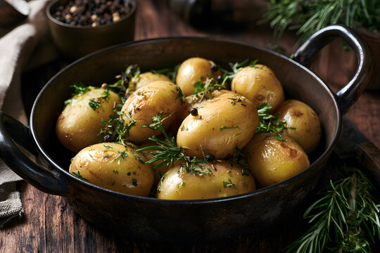 Potatoes baked with fresh herbs and black pepper in a pot