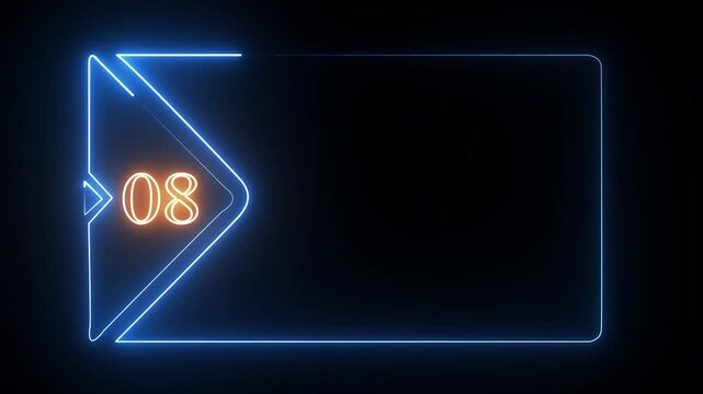 Glowing blue neon frame with number zero eight inside a triangle on a dark black background