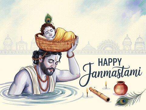 Vasudeva carrying infant Krishna across river symbolizes faith, hope, and protection.