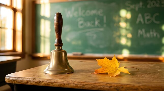 Vintage brass hand bell sitting on a wooden school desk with a yellow autumn leaf and green chalkboard background