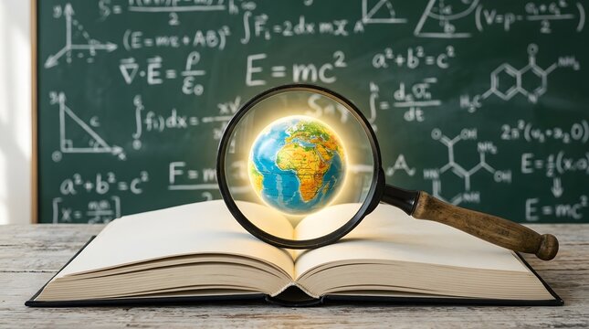 A magnifying glass focused on a small globe resting on an open book against a green chalkboard background