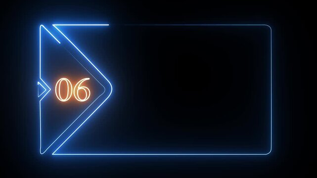Blue neon glowing frame with the number zero six inside a triangle on a dark black background