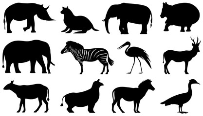 Naklejka premium African Wildlife Silhouettes Collection, 12 Diverse Animal Vector Icons, Safari Fauna Graphics, Zoo Creatures Set, Nature Mammals and Birds