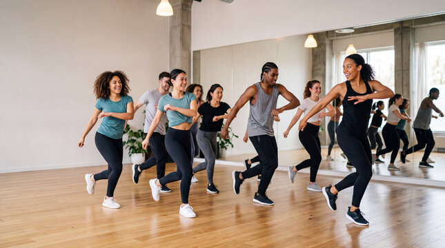 A diverse group of young men and women dancing in a bright studio. Fitness class, healthy lifestyle, group workout, active people.
