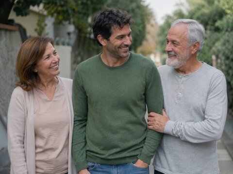 Erwachsener Sohn mit Eltern beim Spaziergang &ndash; Drei Familienmitglieder im lockeren Gespr&auml;ch auf einer ruhigen Stra&szlig;e, voller Zugeh&ouml;rigkeit, Respekt, Familienbindung und echter Alltagsn&auml;he.