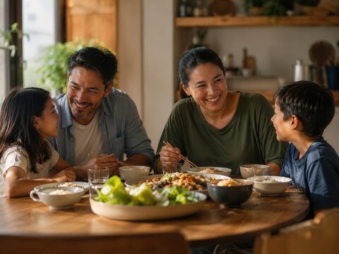 Familienessen mit echter Verbundenheit &ndash; Eltern und zwei Kinder sitzen gemeinsam am Tisch, lachen miteinander und erleben N&auml;he, Austausch und Geborgenheit im warmen Zuhause.