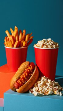 Concession stand meal with hot dog, fries, popcorn and drink cup on pastel platforms