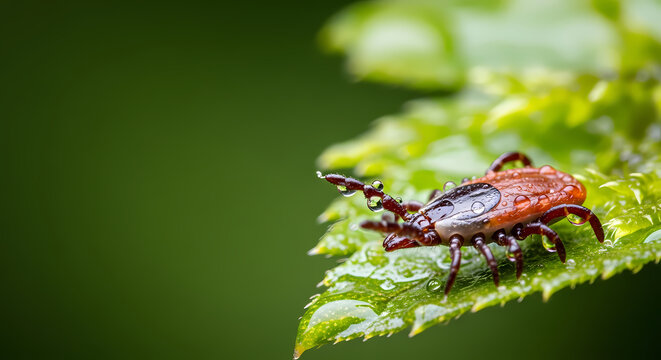 A dangerous tick crawling on a wet green leaf in the forest.