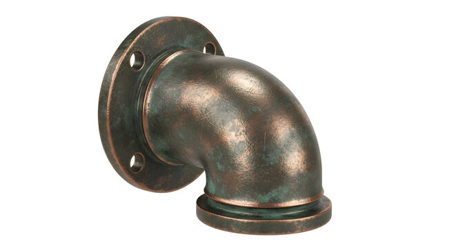 Vintage bronze metal pipe elbow connector with round wall flange for industrial interior design