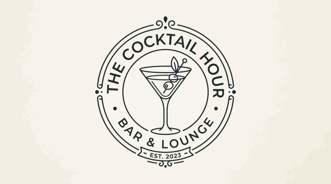 A vintage-style circular logo for "The Cocktail Hour Bar & Lounge" featuring a martini glass with an olive, established in 2023.