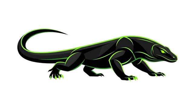 Stylized aggressive monitor lizard mascot logo with neon green outlines on black body