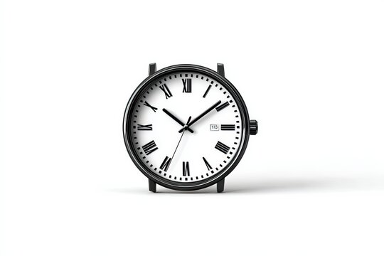 Classic wristwatch with Roman numerals on white dial and black leather strap, presented isolated on a clean white background.