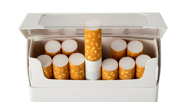 Open pack of cigarettes with one single cigarette standing out inside the box